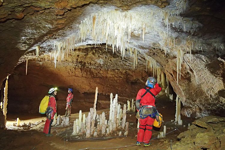 Initiation spéléologie grande exploration aven protégé aux cristallisations très rares dans les gorges de l'Ardèche avec un puits géant, Guides spéléo d'Ardèche, spéléo Drôme, spéléologie Vaucluse